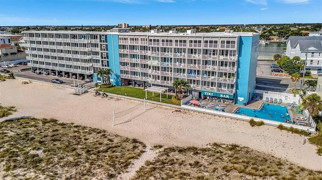 Aerial view of Treasure Island's turquoise Gulf waters and white sand beach